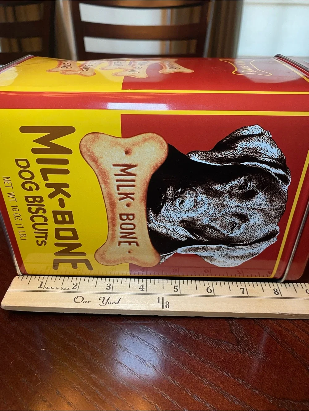Vintage Red and Yellow Milk-Bone Dog Biscuits Tin Can 9x6x5